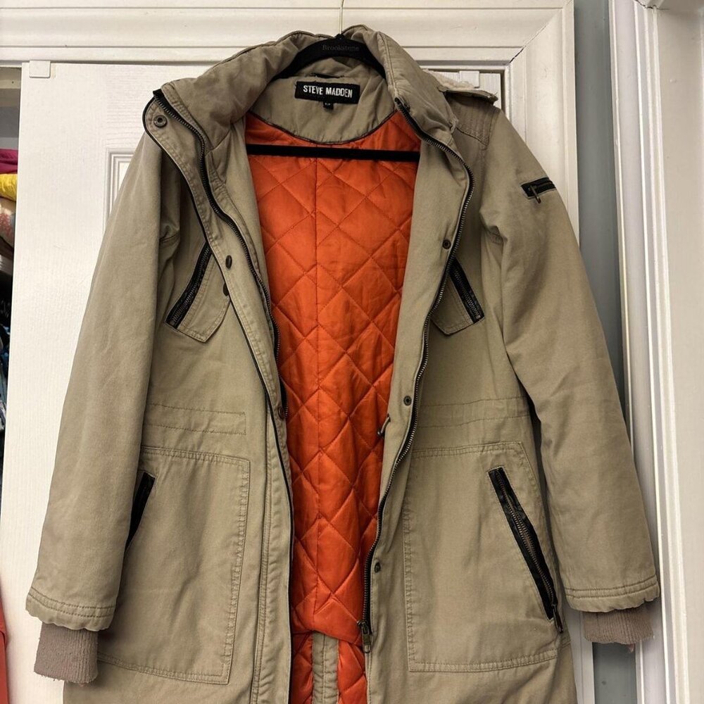 STEVE MADDEN Small Coat Khaki Beige  Removable Hood Full Zip Warm EUC. Barn